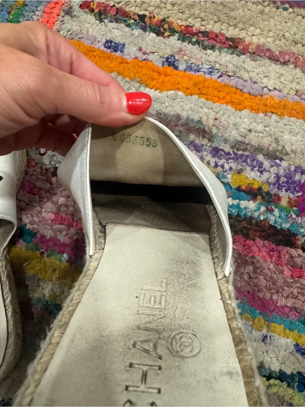 CHANEL White and Black Leather Espadrille Mules